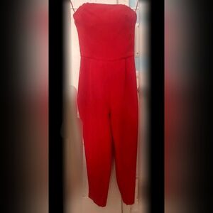 EXPRESS- Cherry Red Polyester Crepe Womens Strapless Jumpsuit, Size 2